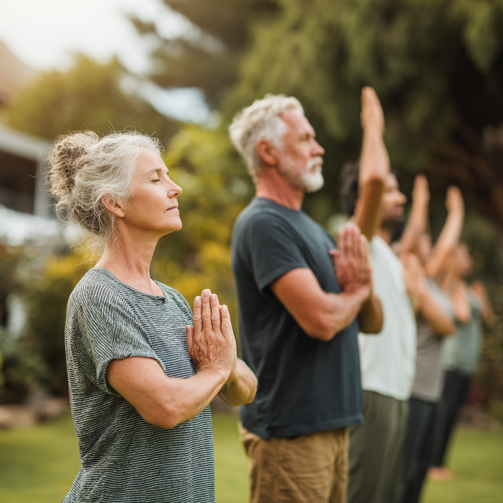 middle-aged adults practicing gentle yoga outdoors
