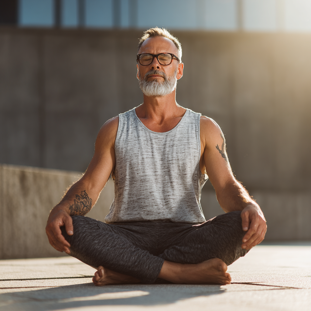middle-aged man doing yoga outdoors
